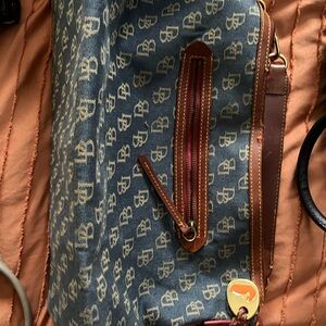 Dooney & Bourke Blue Monogram Duffel with Brown Leather Trim